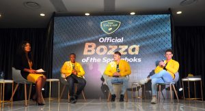 MC Motshidisi Mohono, Ndabenhle Zondo, Mark Nancarrow The MTN Bozza Winner and Quinton Janse van Rensburg during the Announcement of the Official Bozza of the Springboks Pic Sydney Mahlangu/BackpagePix